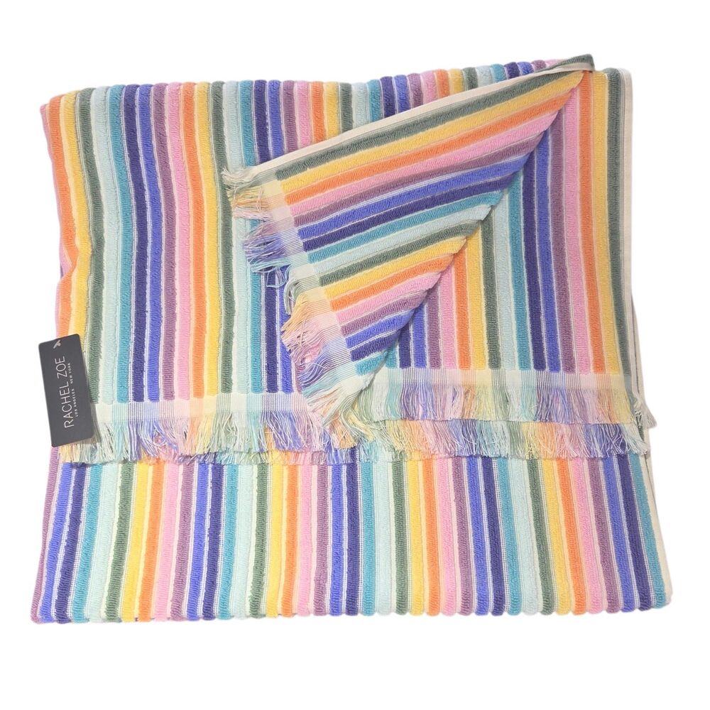 Rachel Zoe Rainbow Striped Fringe Cotton Beach Towel Set 70x40 Quick Dry Spring - Picture 6 of 6